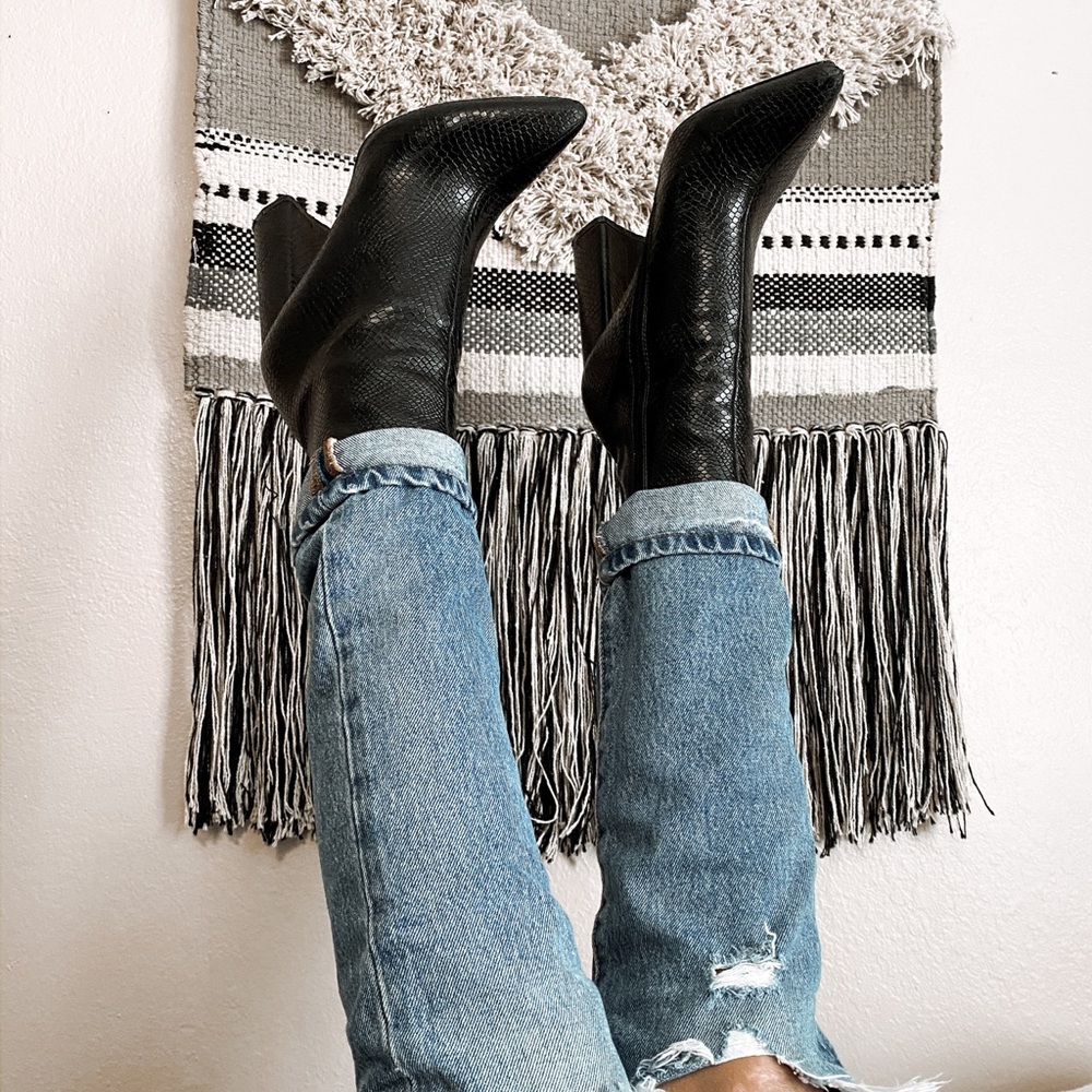 Snake textured black booties